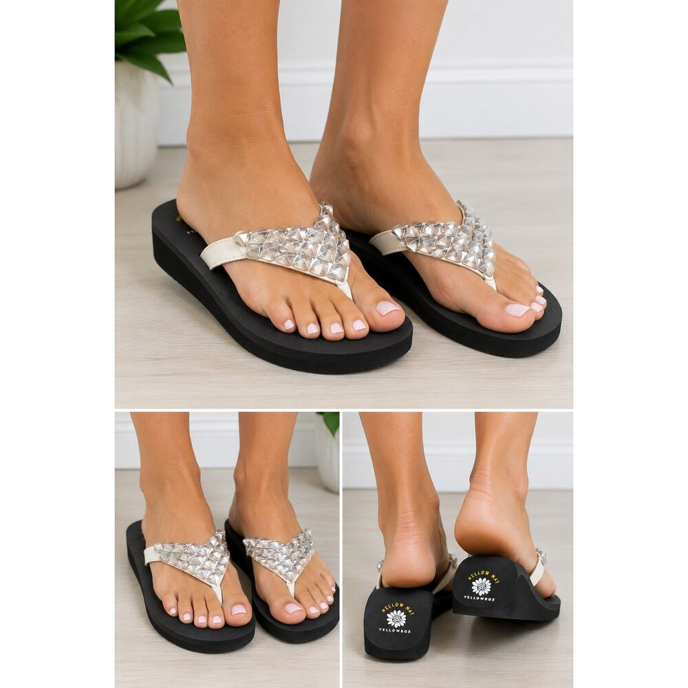 Mellow Mat Yellow Box  Large Rhinestone Embellished Black Flip Flop Size 8